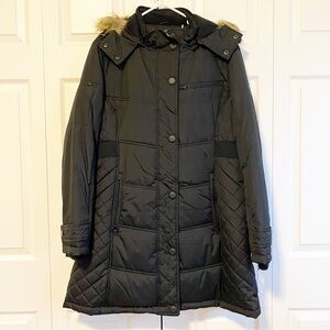 HAWKE & CO. Women's Black Quilted Coat with Faux Fur Hood | Size XL